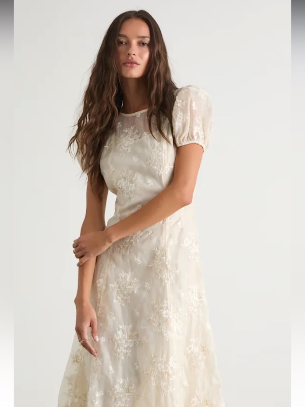 Lulus Elfrieda Cream Floral Embroidered Puff Sleeve Midi Dress Size Medium - Picture 3 of 9